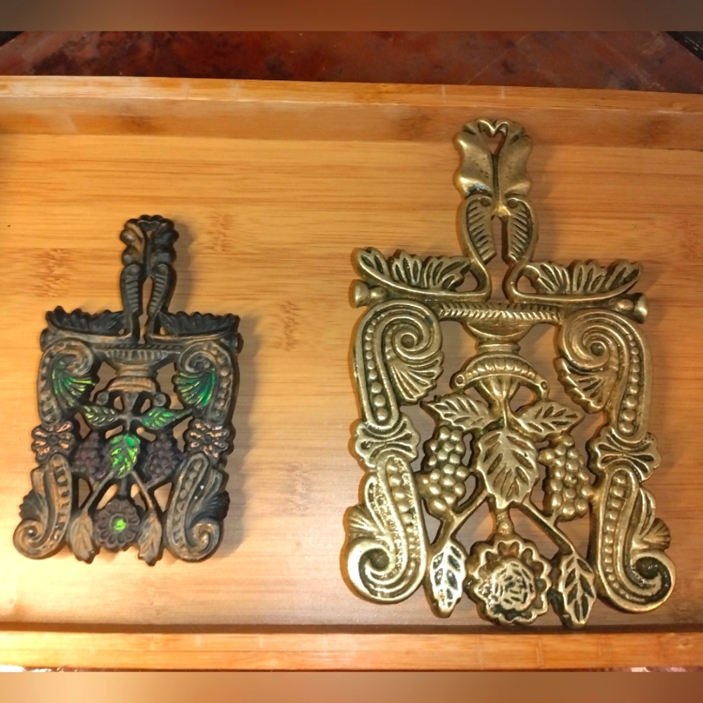 2 Vintage Trivets large brass & smaller cast iron hot plate matching home decor